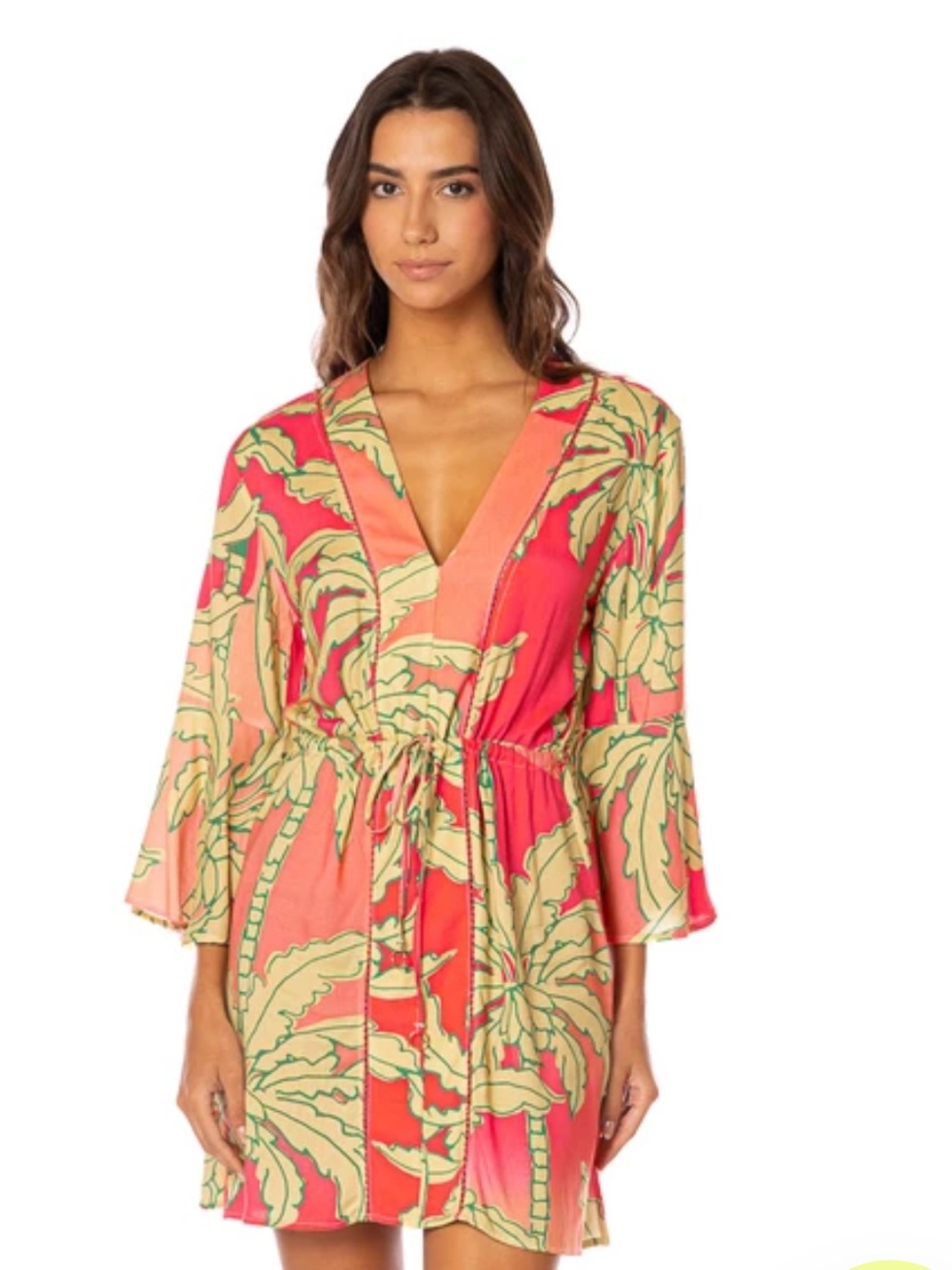 Maaji Palm Garden Enjoyable V Kaftan Dress Coral Palm Print Swim Cover Up M NEW